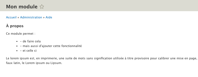 Page d'aide d'un module en Drupal 8 : le résultat du hook_help()