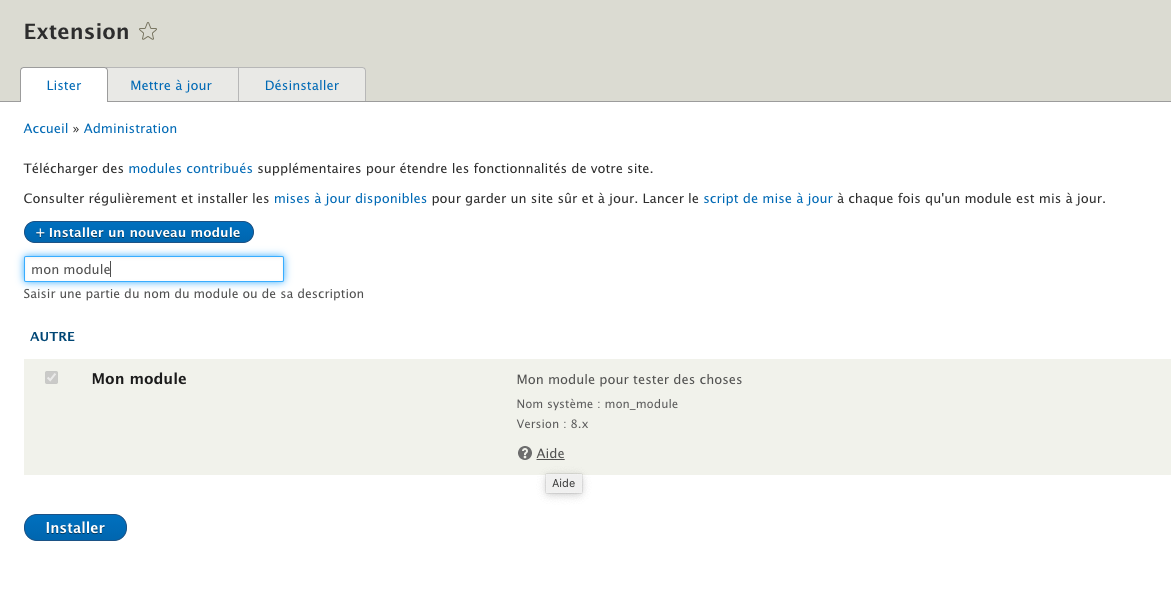 Hook_help() dans le menu extension